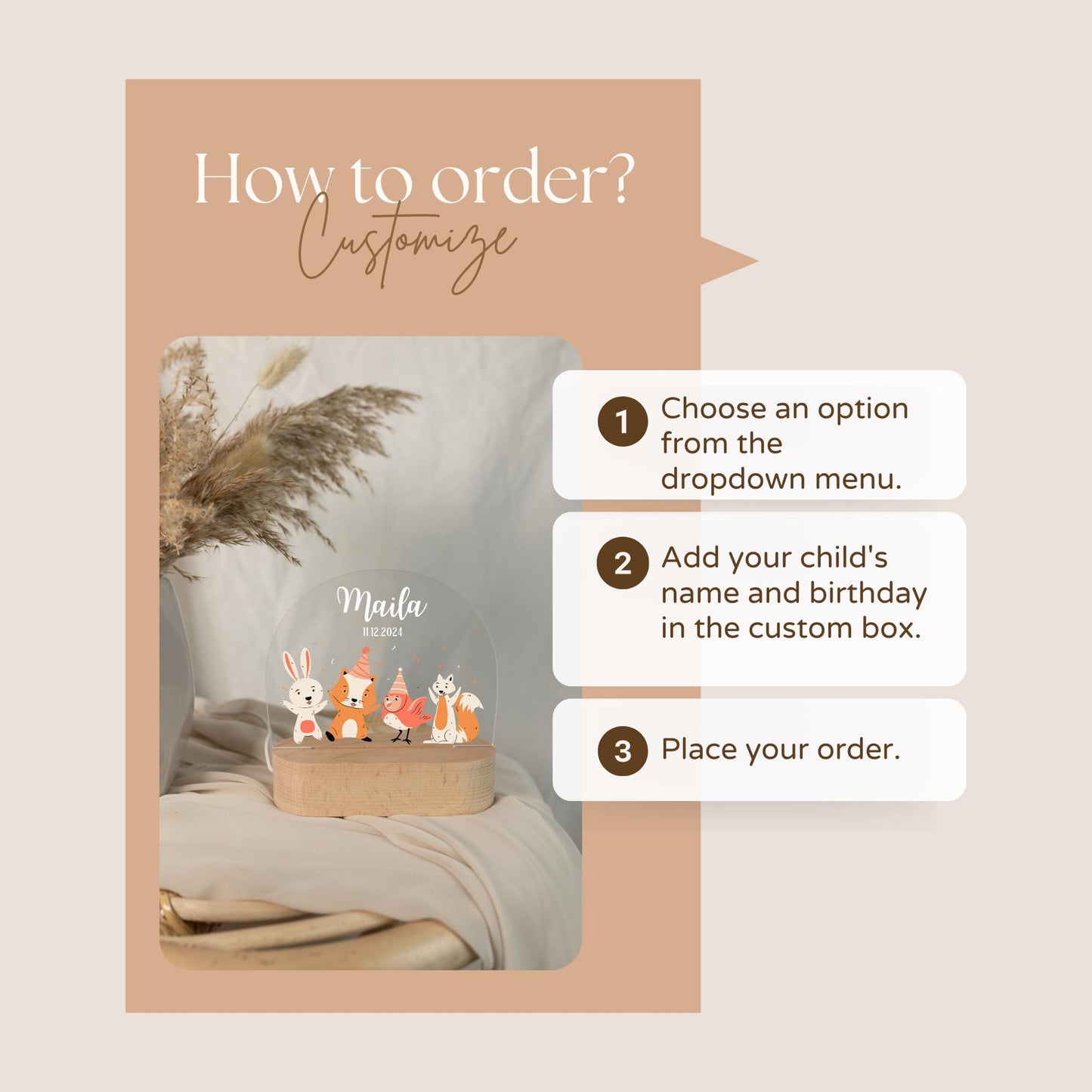 Personalized baby light, bedside lamp for birth & baptism, children's room decoration