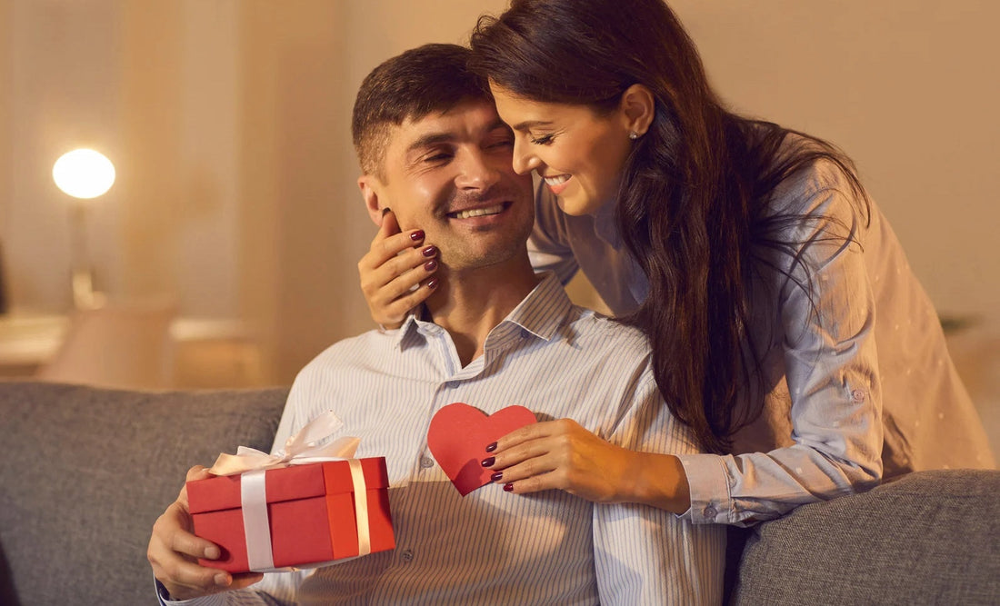 Women gifting her husband a personalized photo lamp on Valentine's Day, showcasing a heartfelt and thoughtful gesture.