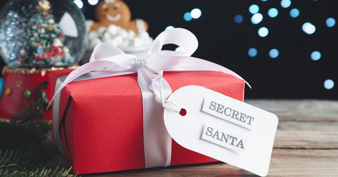 Secret Santa gift wrapped in red with a Christmas-themed background, creating a festive holiday vibe.