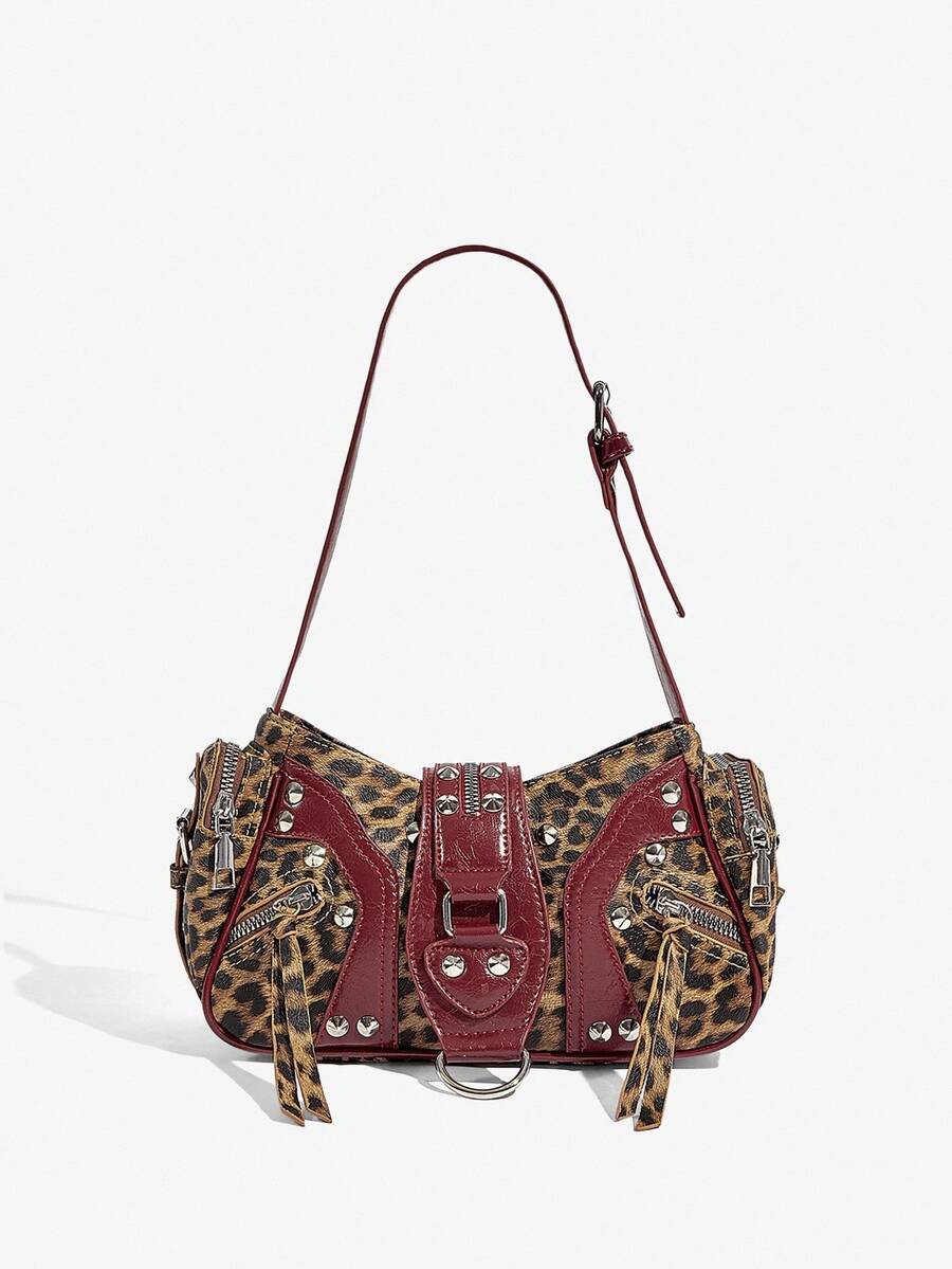 Vintage Y2K Leopard Shoulder Bag with Studs – 2000s It-Girl Statement