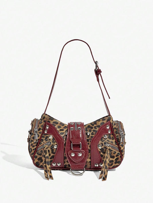 Vintage Y2K Leopard Shoulder Bag with Studs – 2000s It-Girl Statement