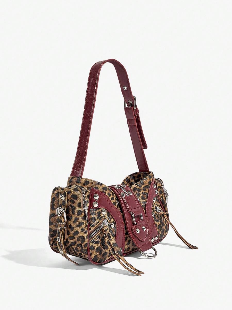 Vintage Y2K Leopard Shoulder Bag with Studs – 2000s It-Girl Statement