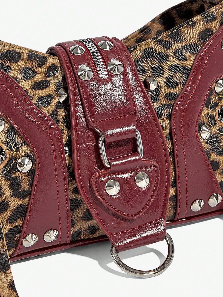 Vintage Y2K Leopard Shoulder Bag with Studs – 2000s It-Girl Statement