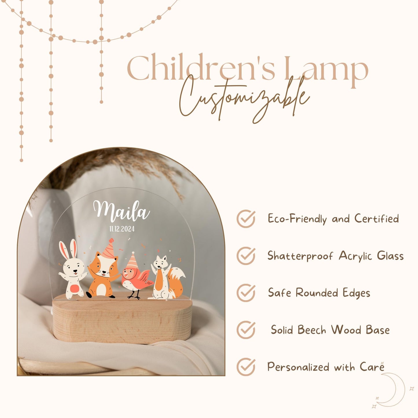 A personalized baby night light with an animal motif, highlighting various features.