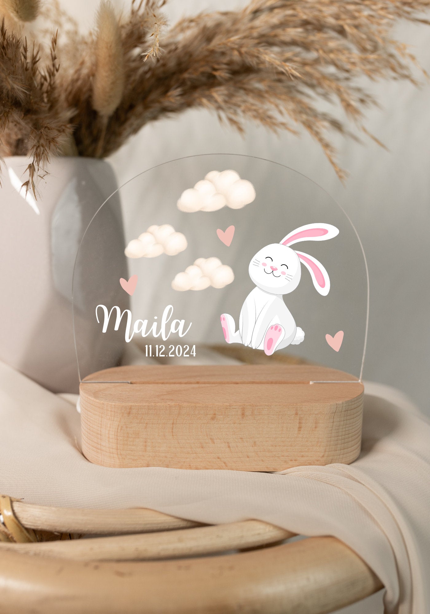 Children's night light with a rabbit motif, displayed in daylight and captured in a close-up view.