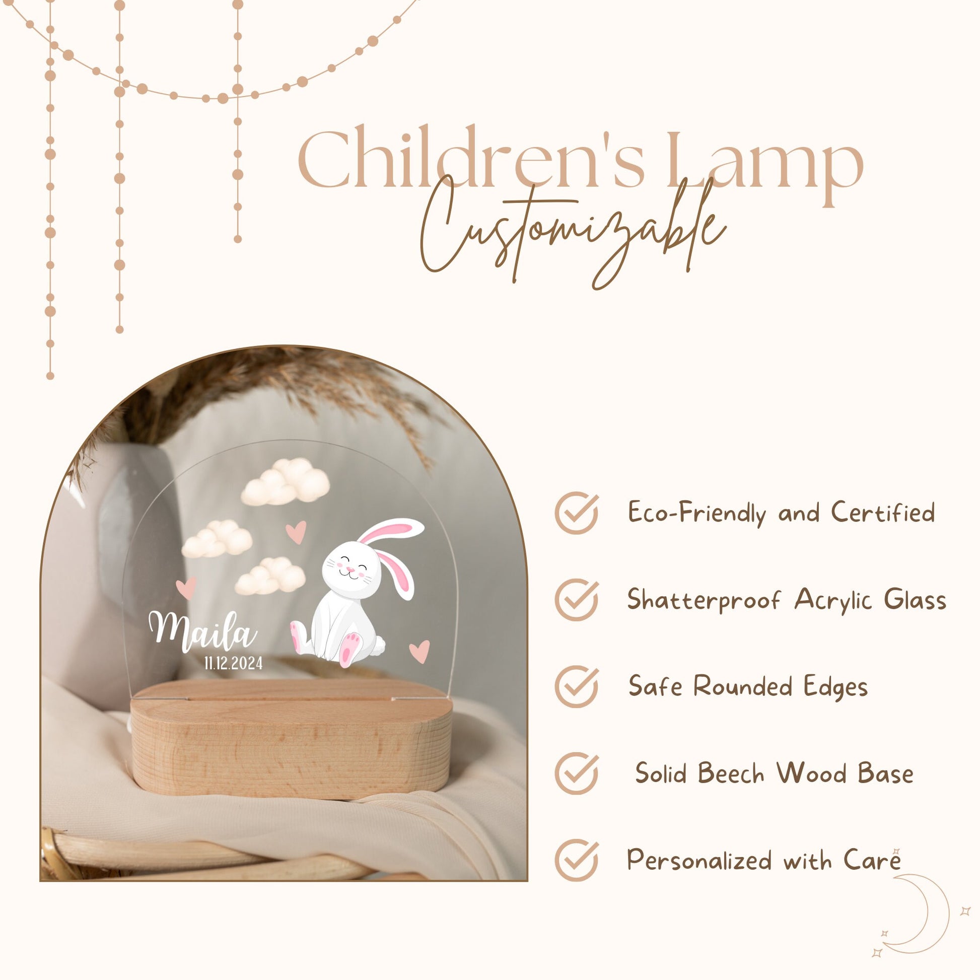 Children's night light with a rabbit motif, highlighting lamp features