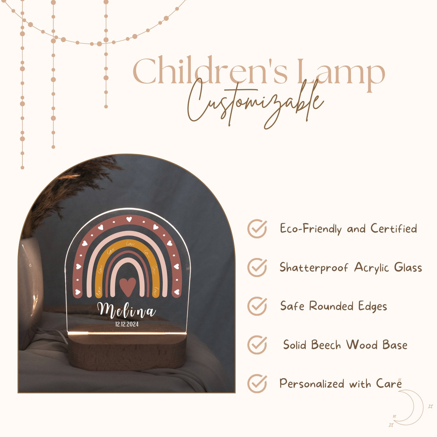 Children's night light with a rainbow motif, highlighting the lamp's features.