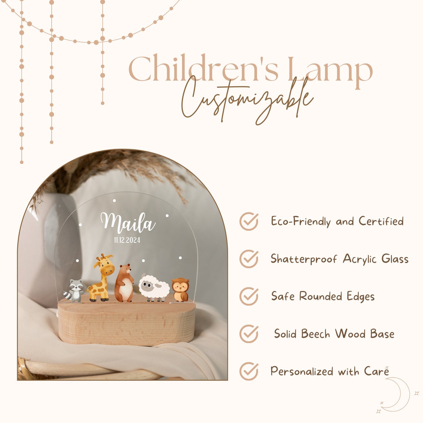 Children's nightlight with animal motifs, highlighting various features of the product.
