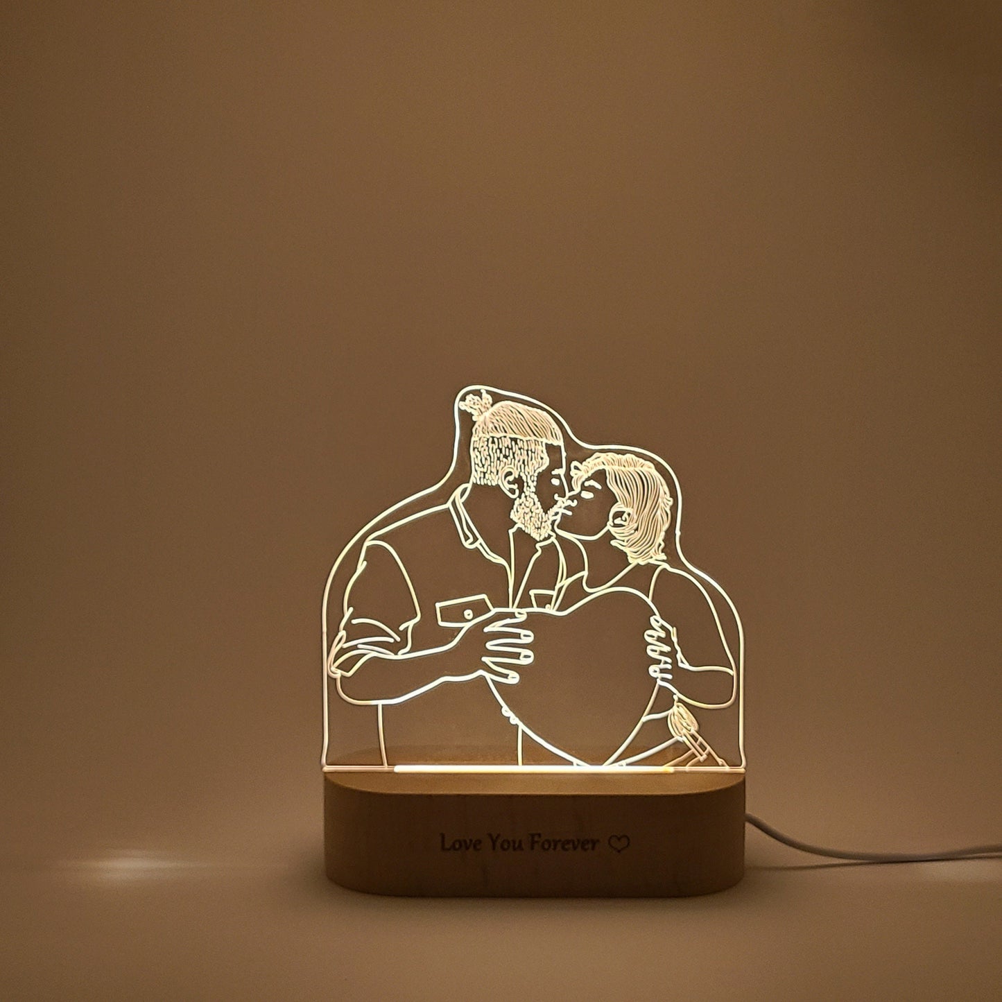 Custom LED photo lamp featuring a couple kissing, displayed in a single and clear position for a focused view.