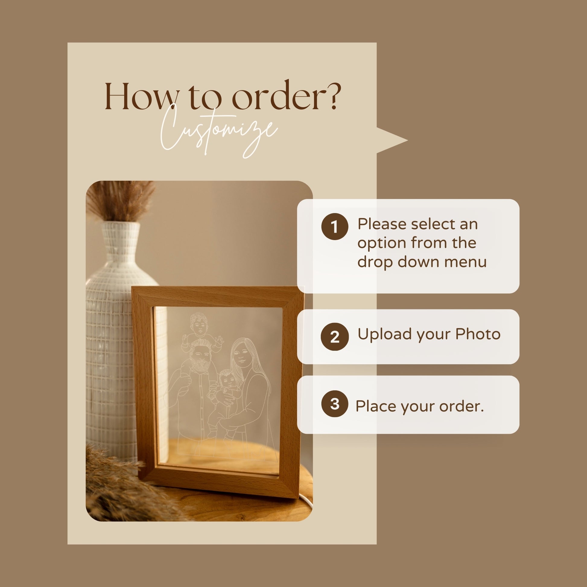How do I order a personalised wooden frame lamp with a family portrait?