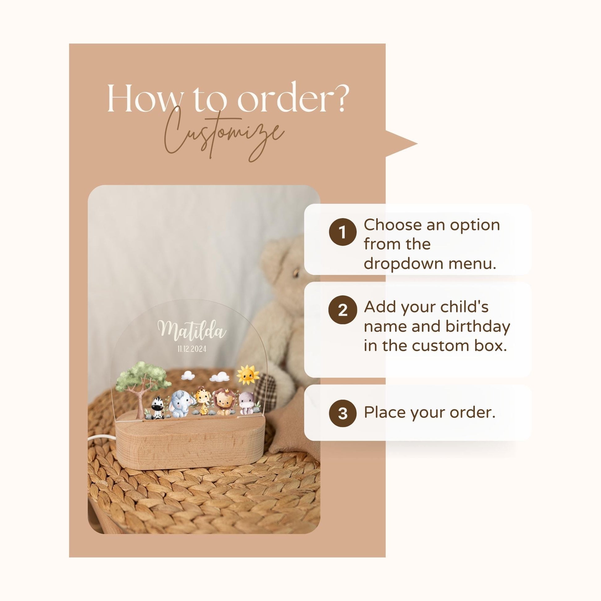How to order: Personalised children's lamp with animal motif for the children's room