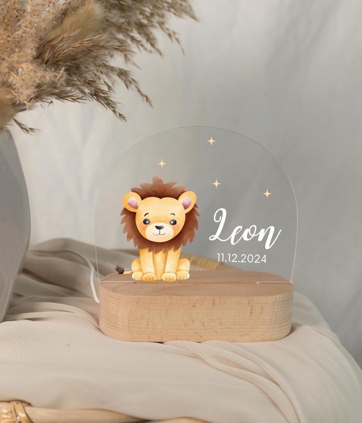 Lion children's night light, personalized baby night light, displayed in daylight and captured in a close-up view.