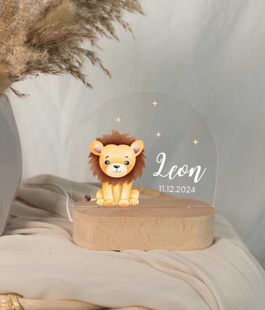 Lion children's night light, personalized baby night light, displayed in daylight and captured in a close-up view.