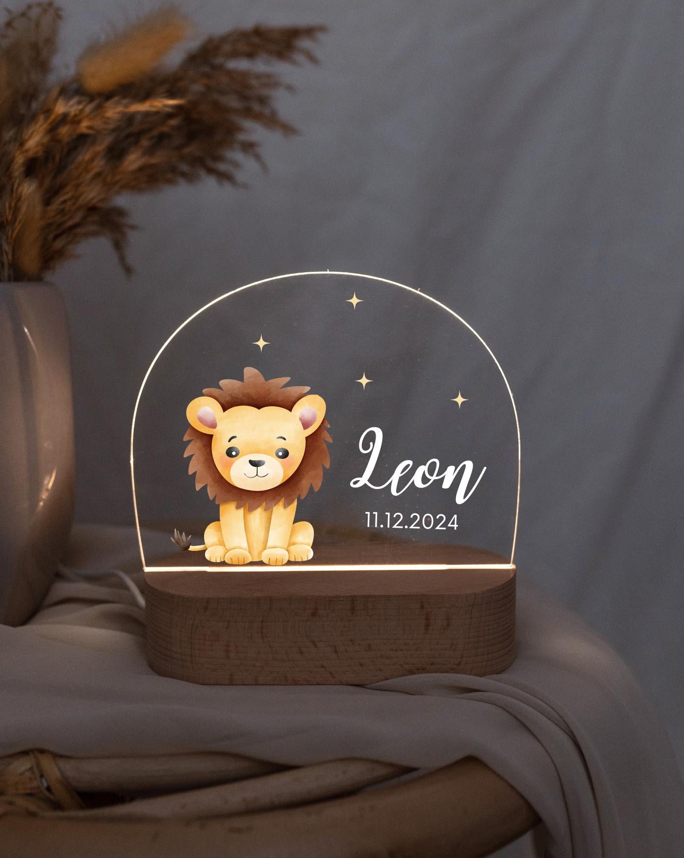 Lion children's night light, personalized baby night light, glowing softly in low light.