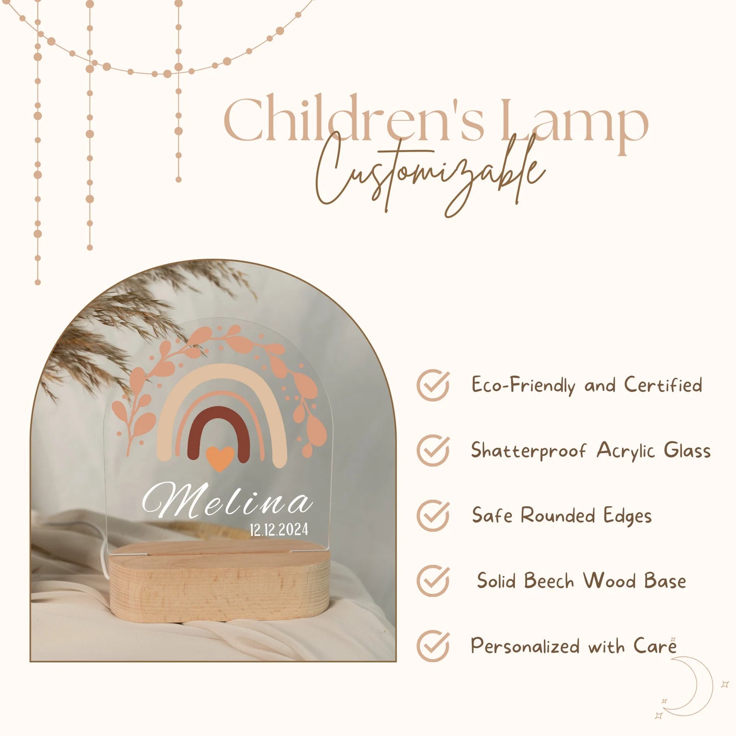 Personalised Rainbow Night Light for Baby, highlighting its features.