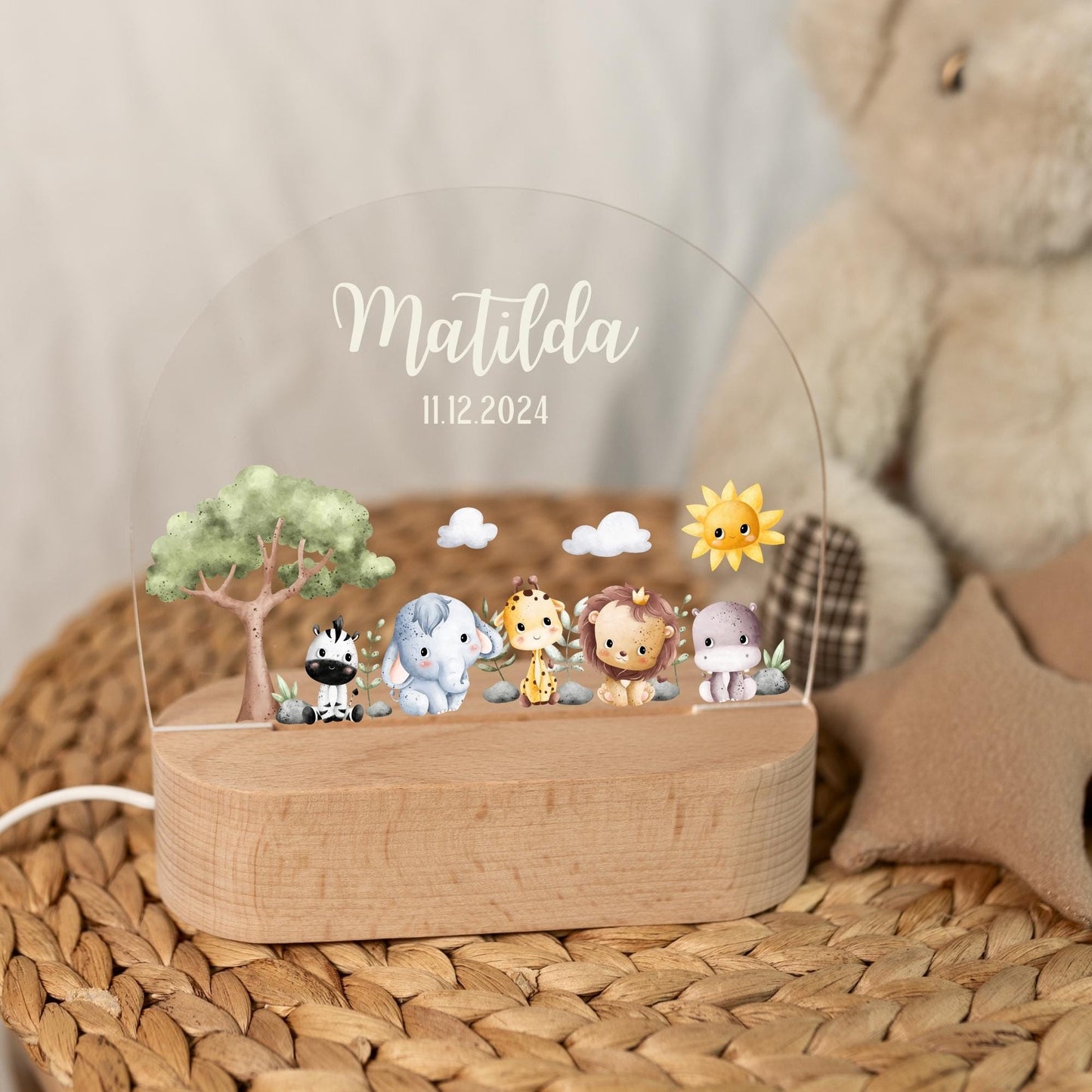 Personalised children's lamp with animal motif for the children's room, taken in daylight