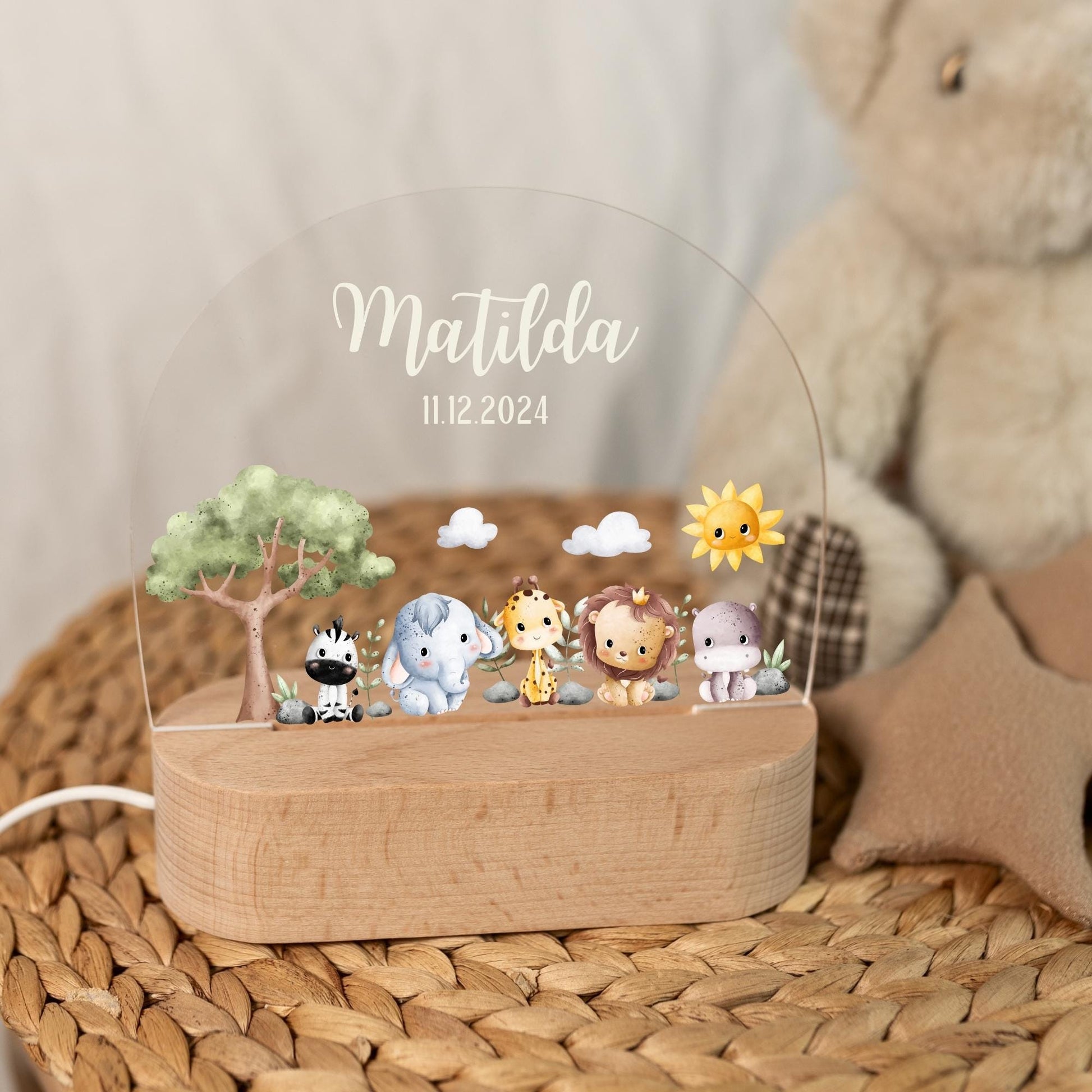 Personalised children's lamp with animal motif for the children's room, taken in daylight