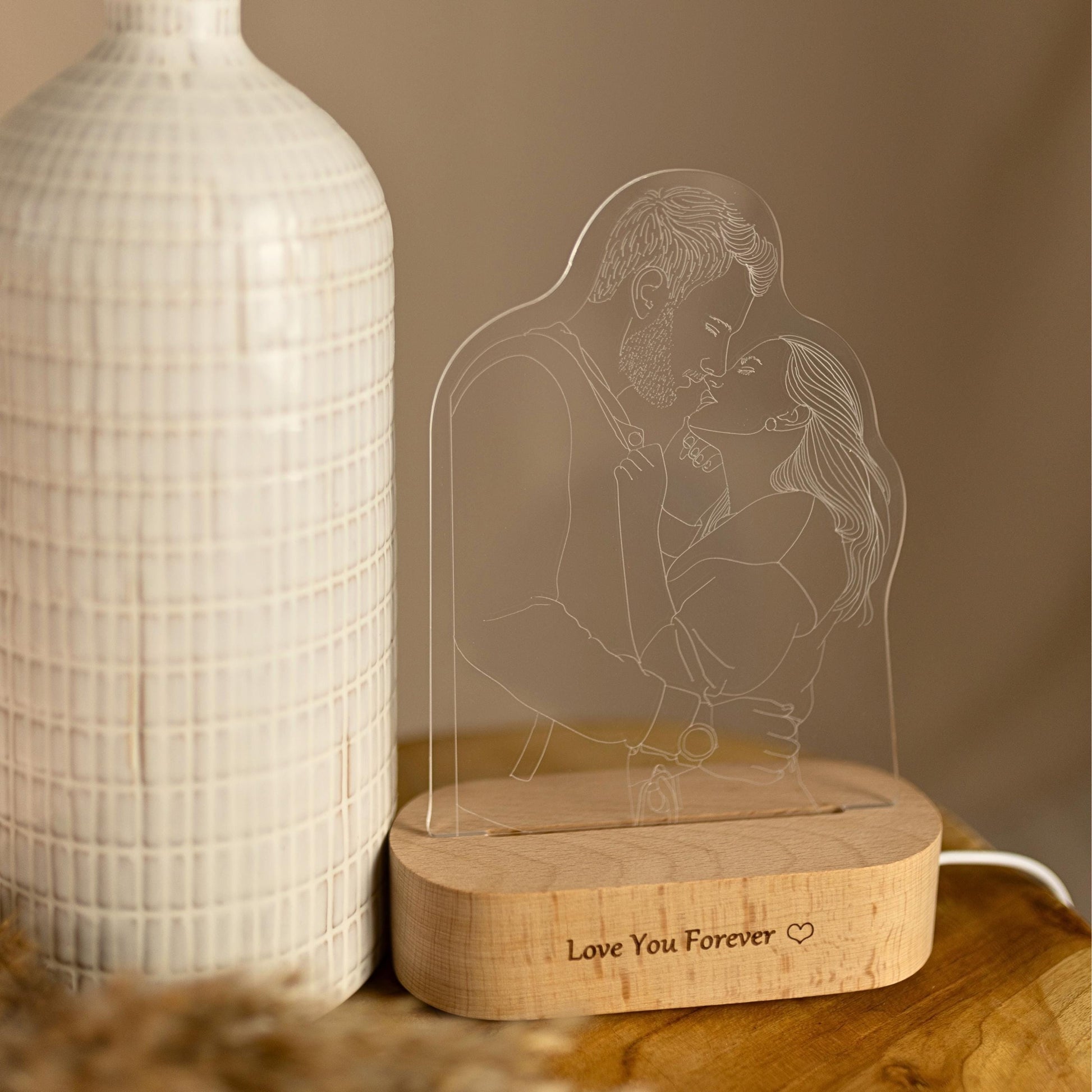 Personalised photo lamp for couples, taken in soft light, view of the lamp when switched off
