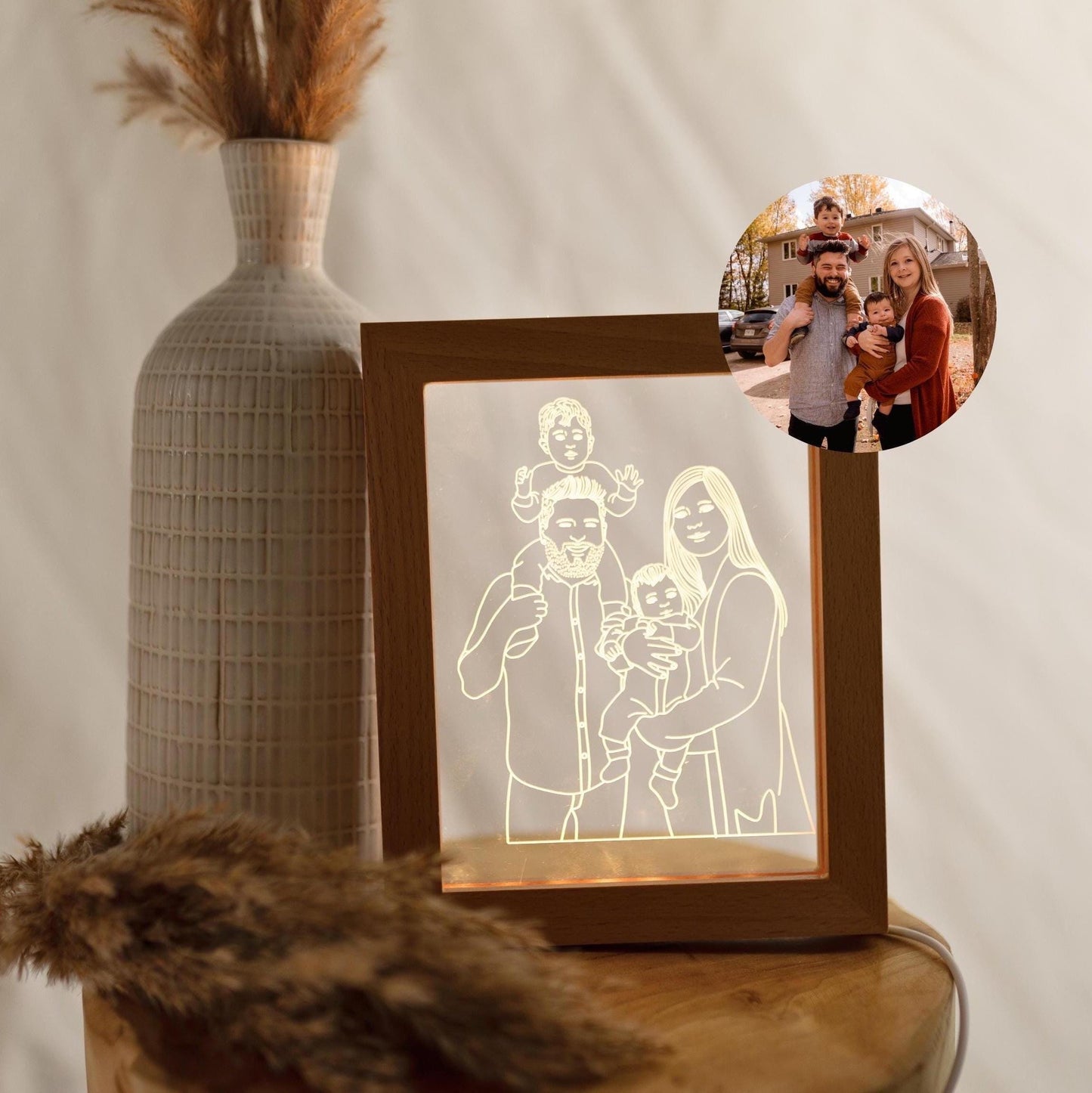 Personalised wooden frame lamp with family portrait, soft light, boho-style background