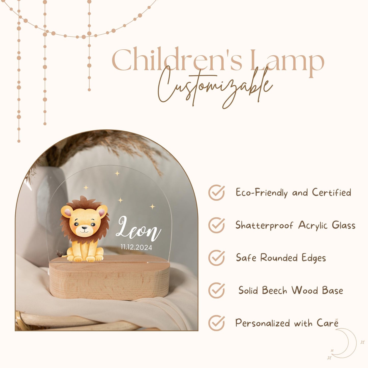 Personalized lion baby night light, highlighting various features of the lamp.