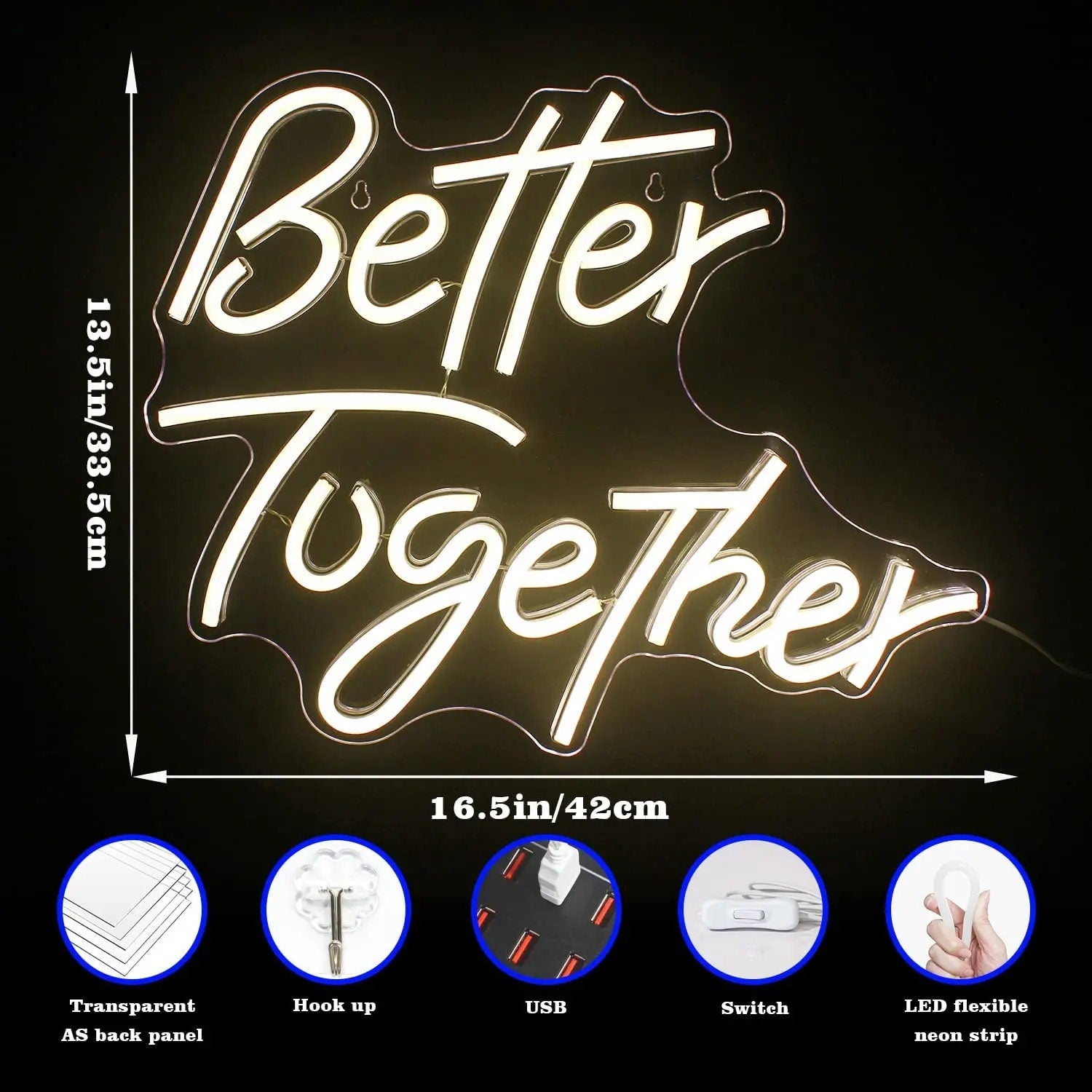 Personalized neon sign that reads "Better Together" in white light, showcasing neon sign features.
