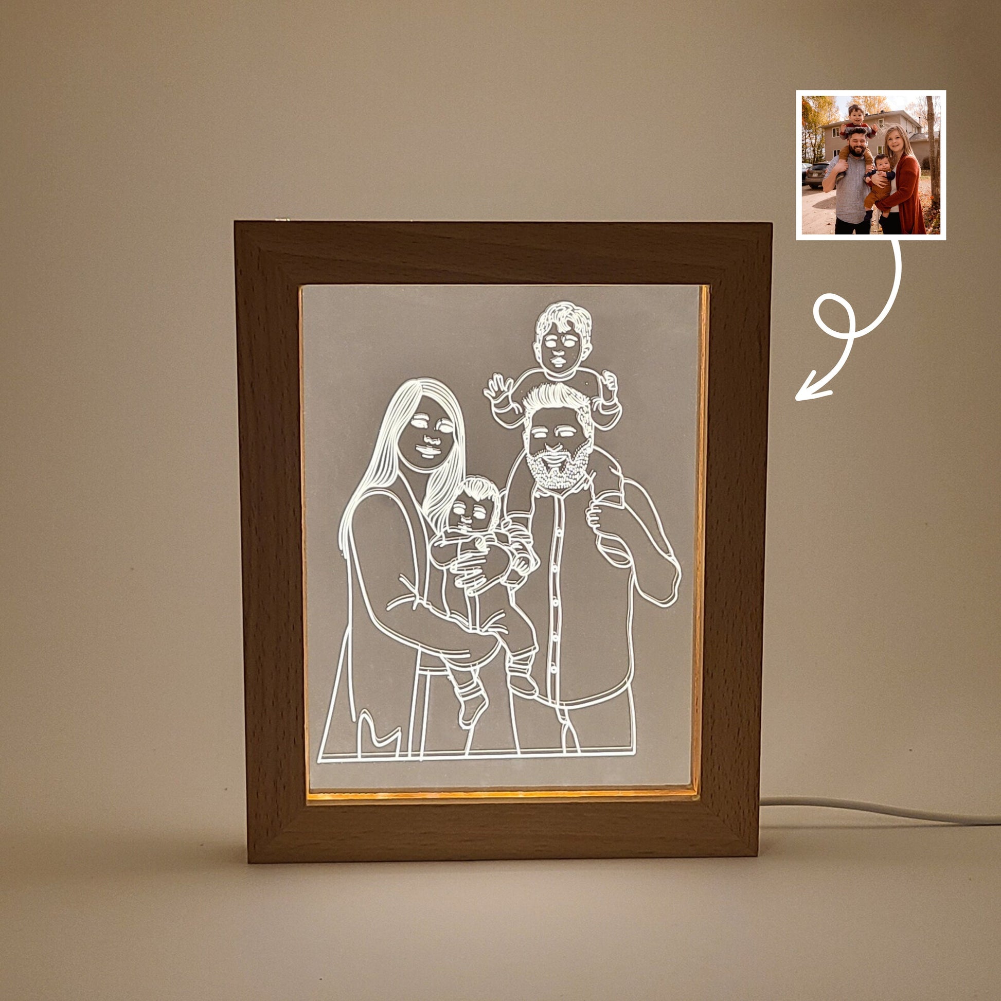 Personalized photo frames featuring an engraved family photo, displayed in low light, showcase the image before and after engraving.