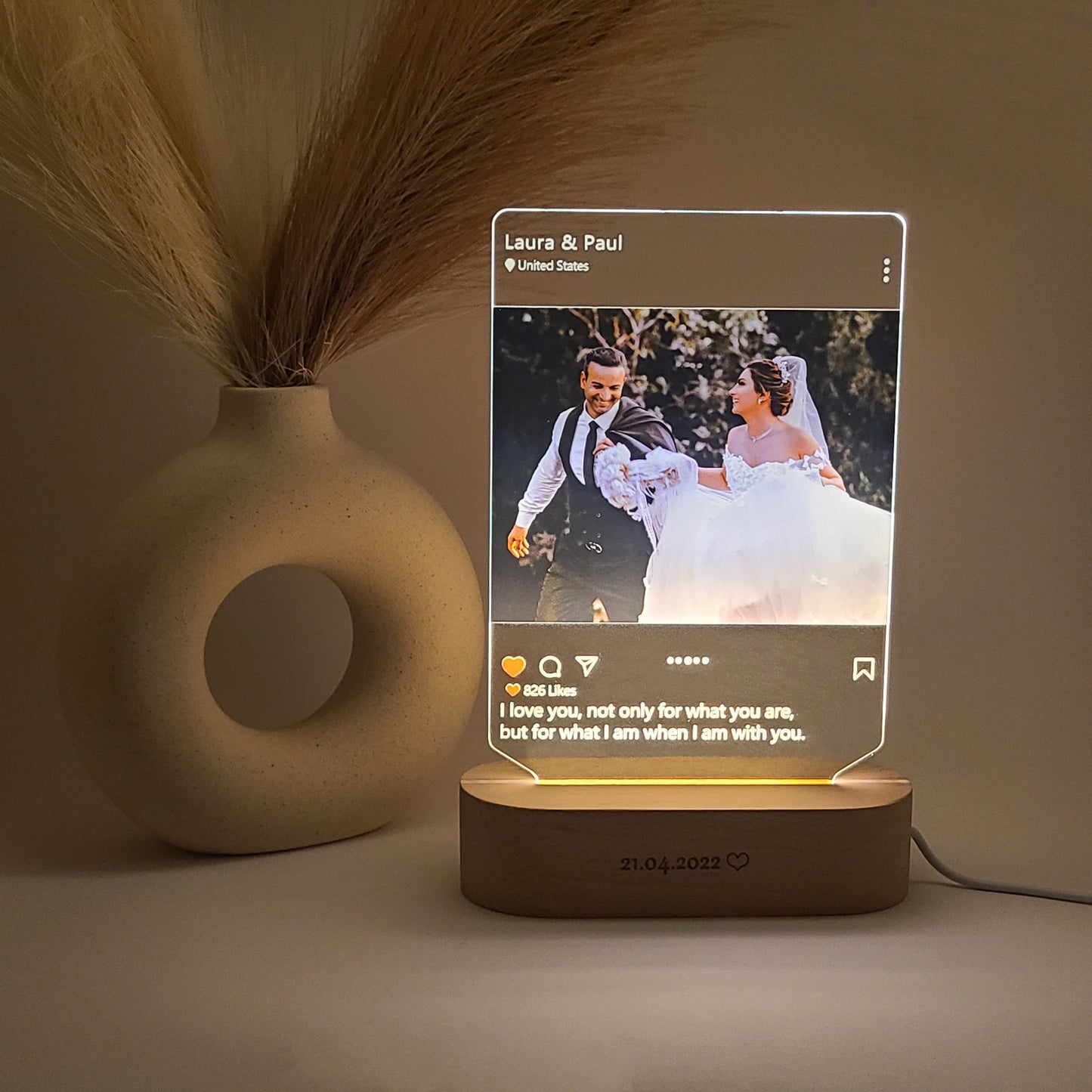 Personalized photo lamp in an Instagram style, captured in dark light.