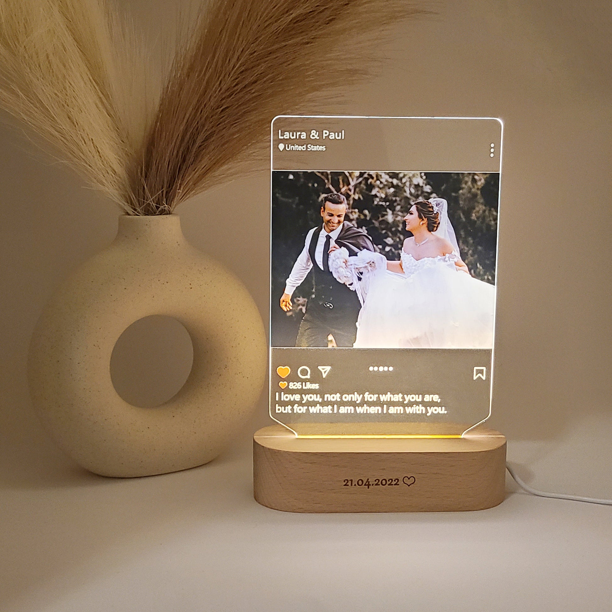 Personalized photo lamp in an Instagram style, captured in low light.