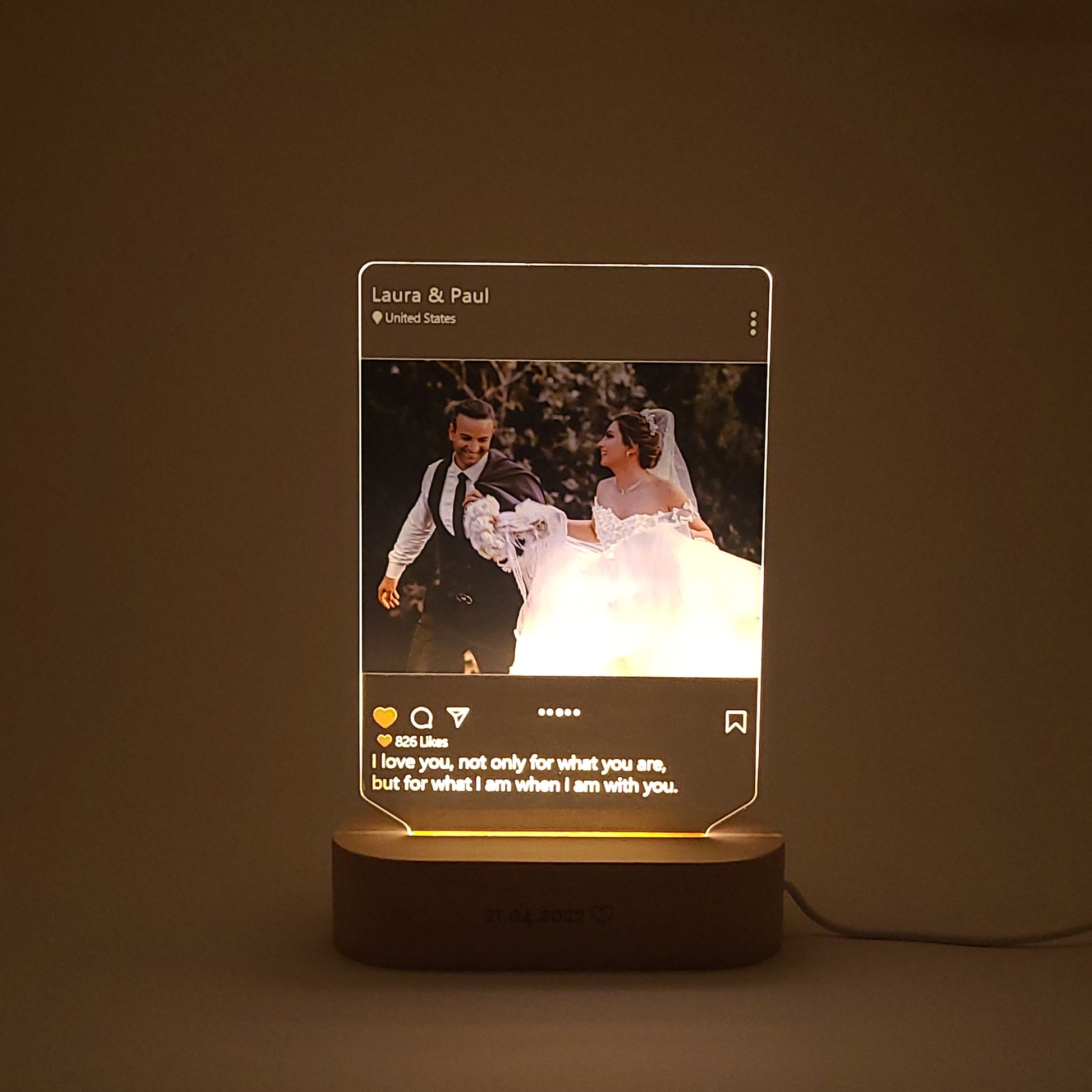 Personalized photo lamp in an Instagram style,  captured in low light and with simple background