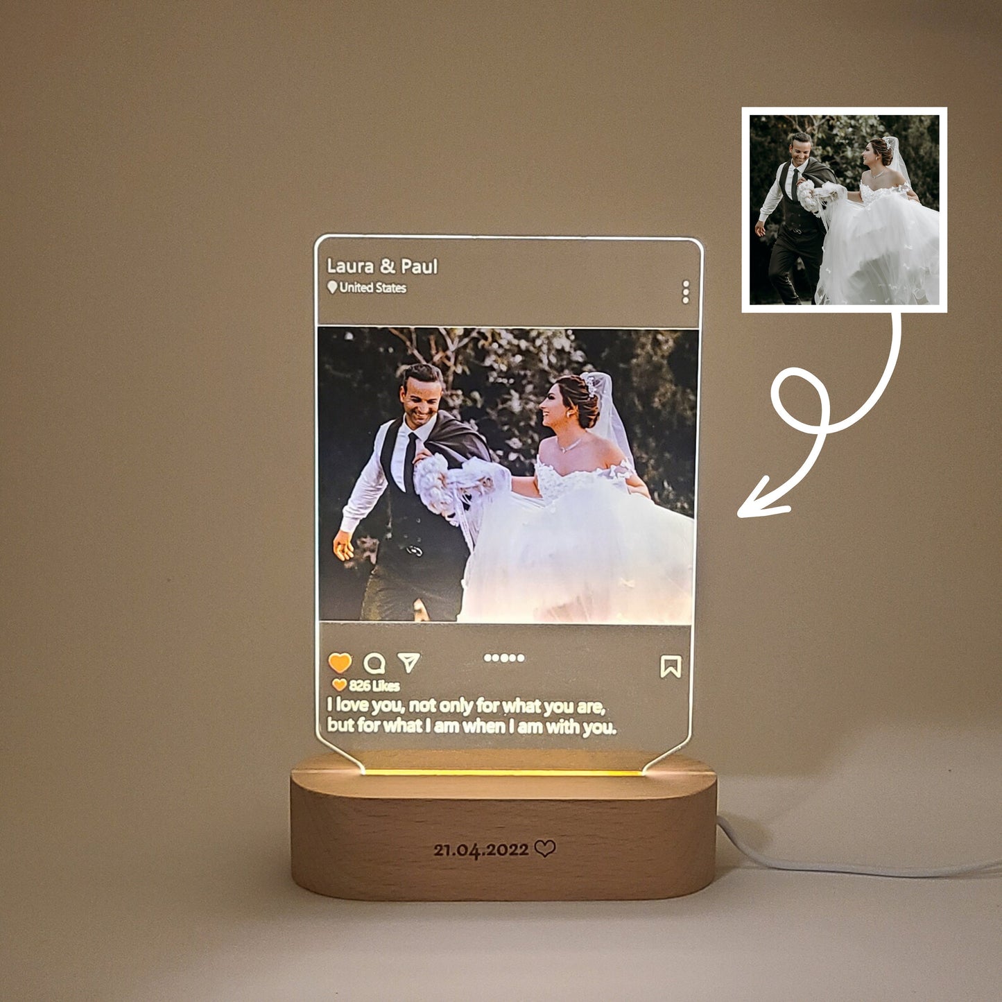 Personalized photo lamp in an Instagram style, showcasing the before and after engraving of the picture design, captured in low light.
