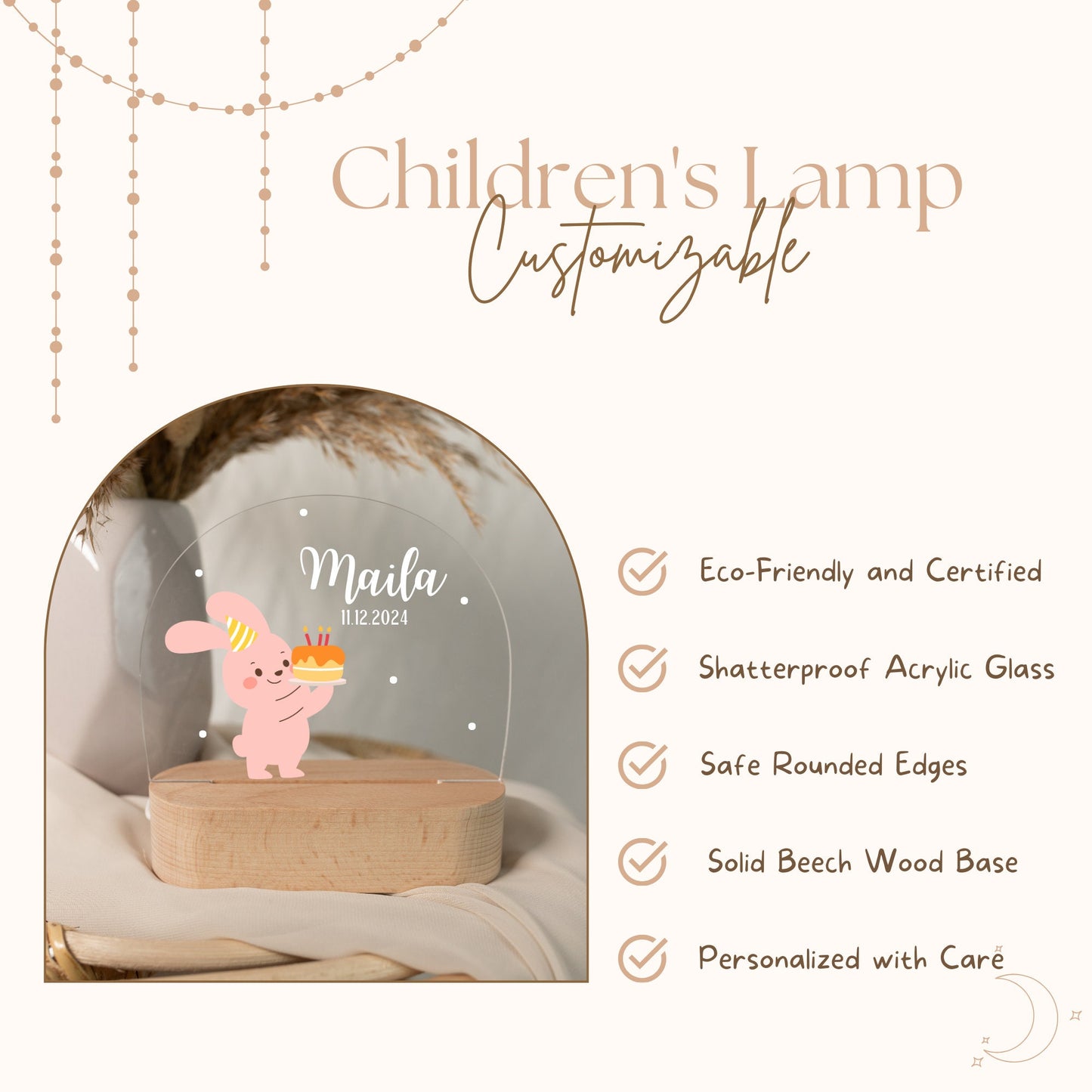 Pink baby night light with rabit motif, highlighting the lamp's features.