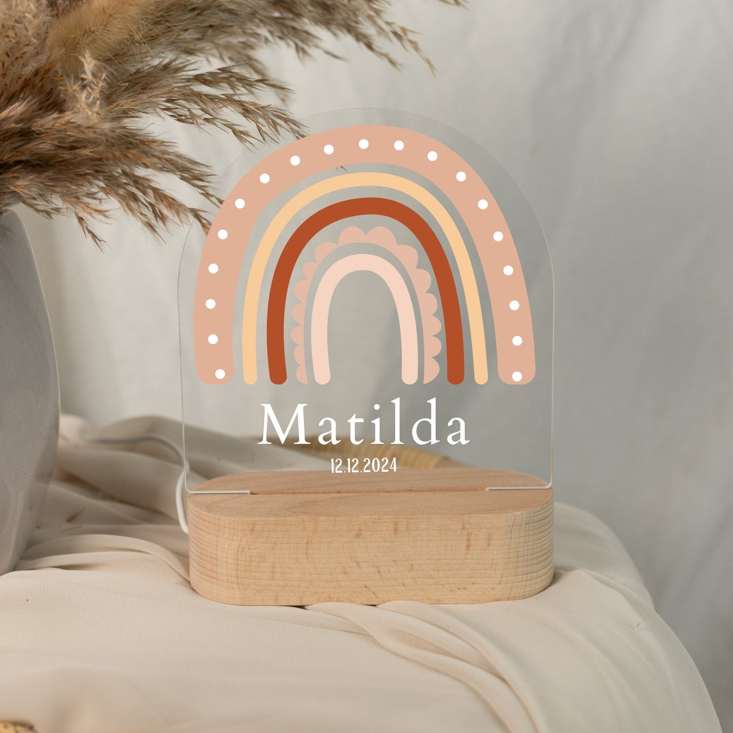 Rainbow baby night light Rainbow baby night light with name and birth date, captured in dylight and close-up view with boho style background