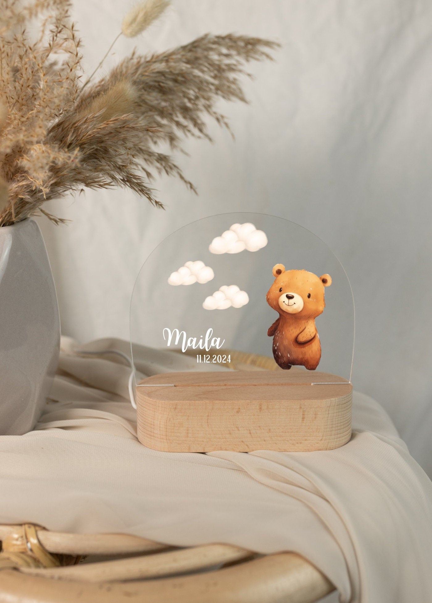 Individual baby nightlight with a bear motif in the daylight, ideal as a baptism or anniversary