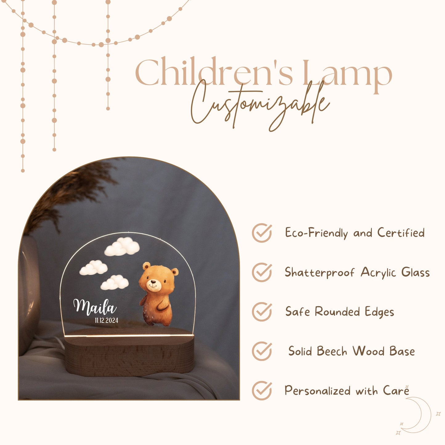 individual baby nightlight with a bear motif features