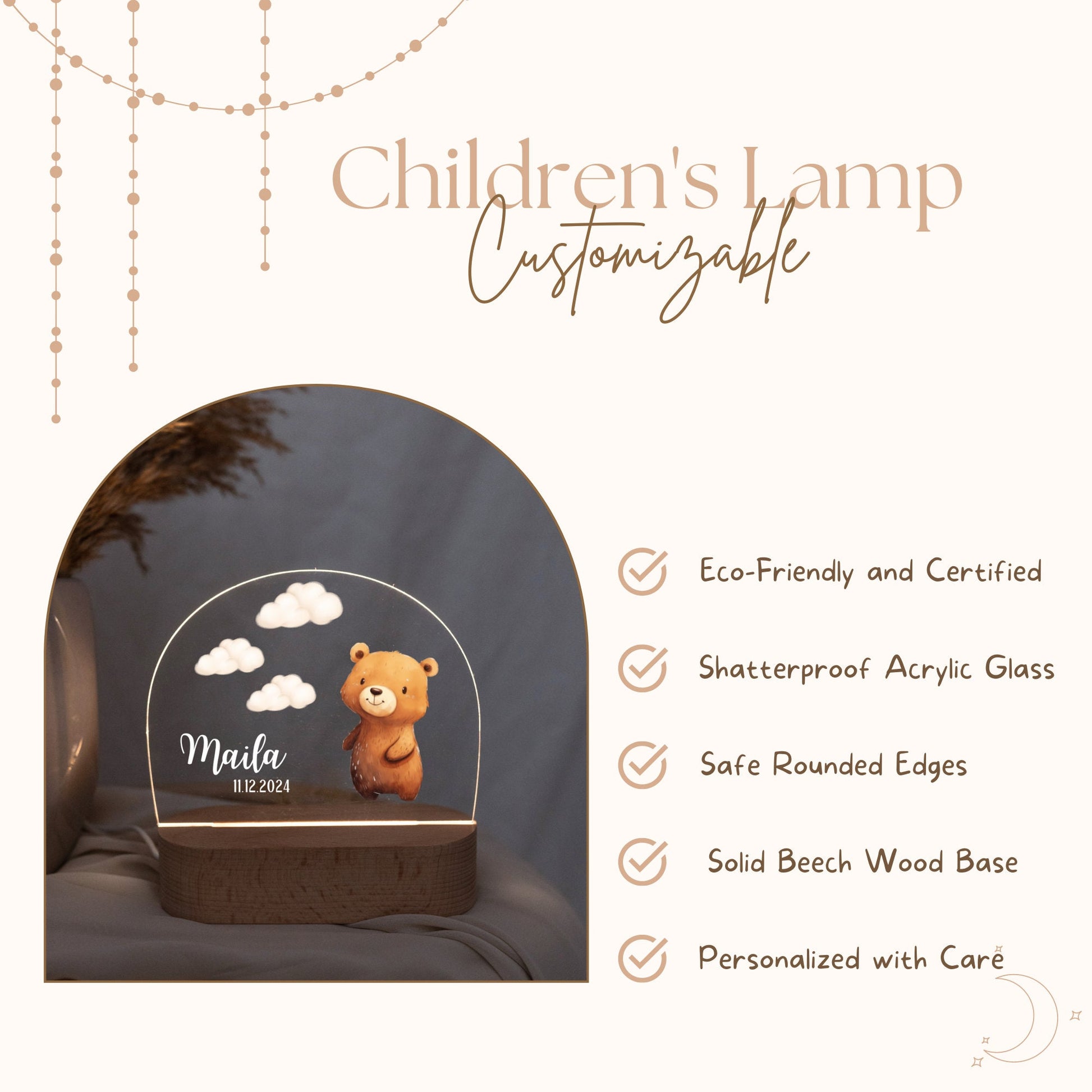 individual baby nightlight with a bear motif features
